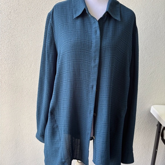 LOGO Lori Goldstein Long Sleeve Asymmetrical Teal Large Oversized Pockets Button - Picture 12 of 12